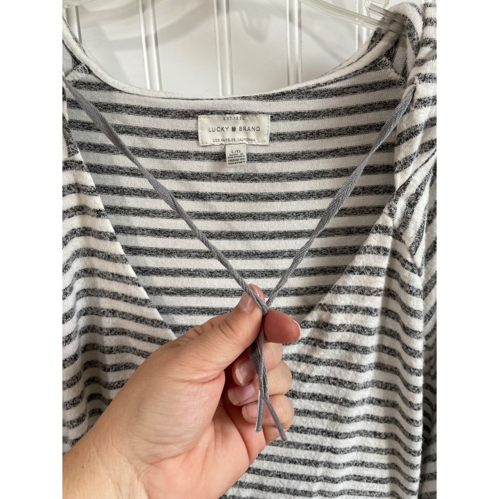 Lucky Brand Womens Striped Hooded Pullover V-Neck Lightweight Sweater Grey Large - Picture 3 of 10